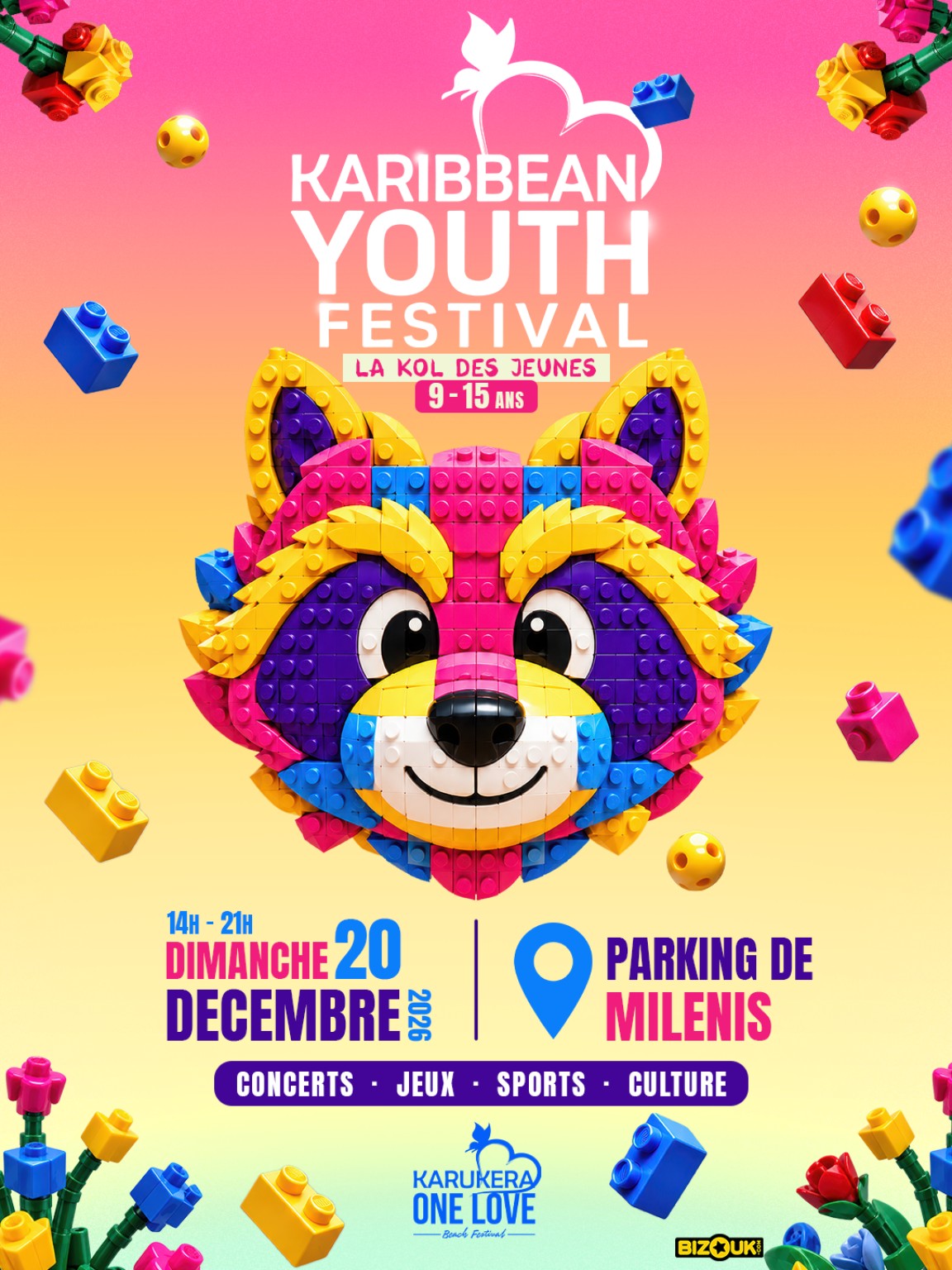 Affiche officielle du Karibbean Youth Festival 2026 avec Kawel en briques colorées